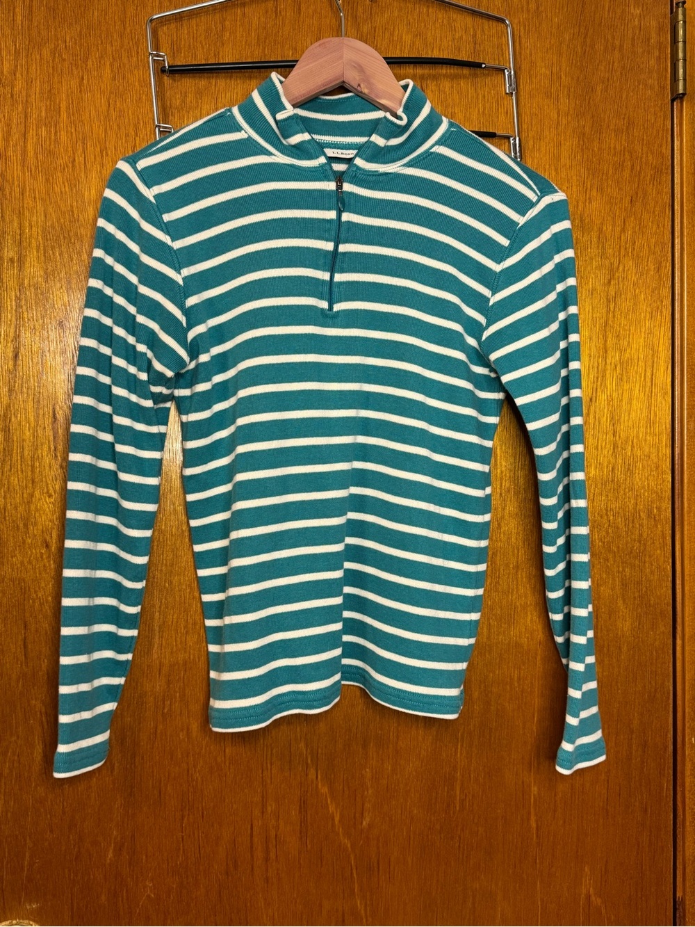L.L. Bean Teal and White Striped Half-Zip Long-Sleeve Top Cotton S